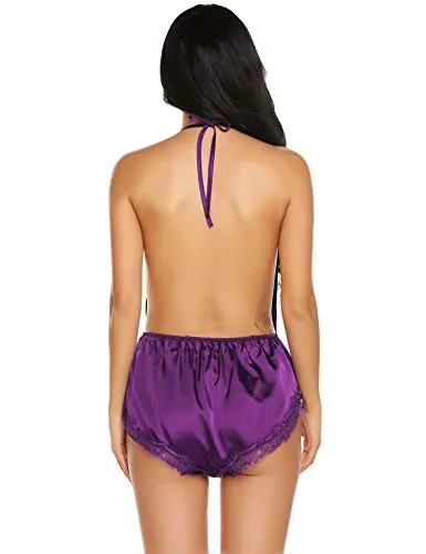 Halter Deep V -Neck Silk Slip Lingerie Bodysuit