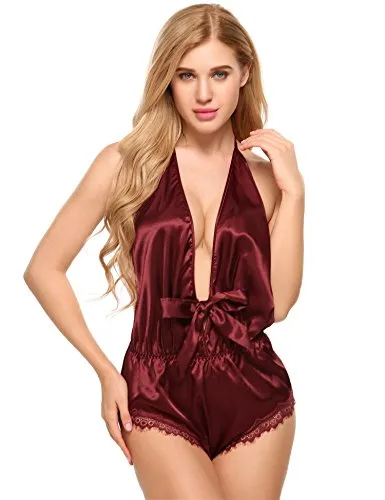 Halter Deep V -Neck Silk Slip Lingerie Bodysuit