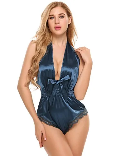 Halter Deep V -Neck Silk Slip Lingerie Bodysuit