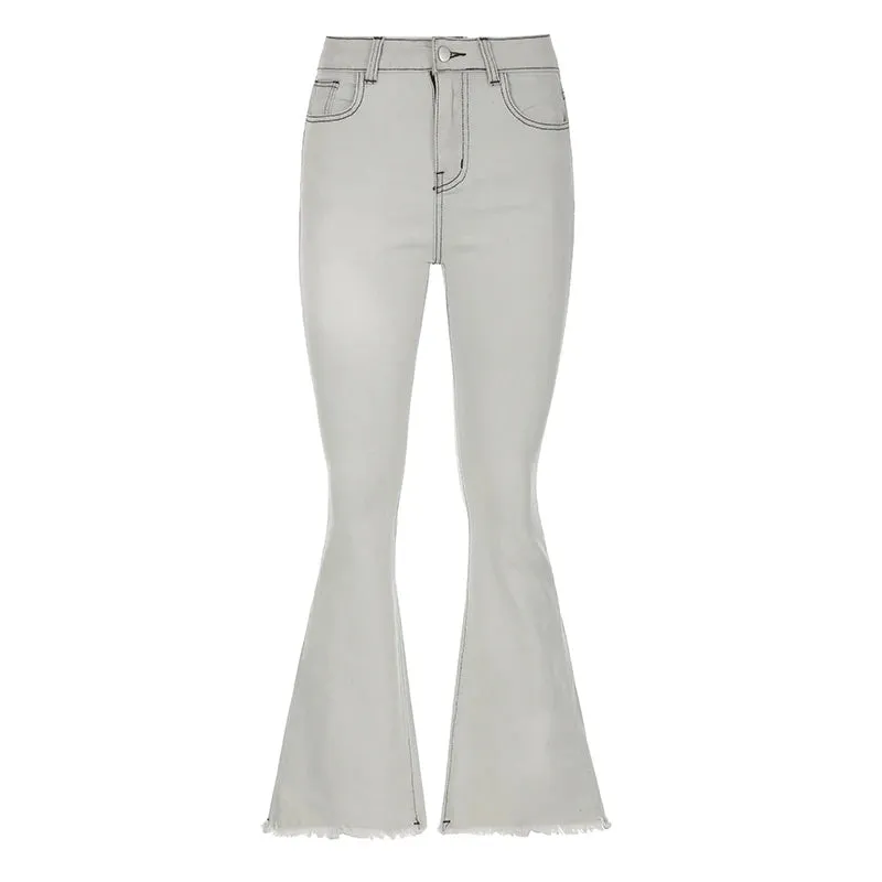 Harajuku Star Printed Skinny Flare Jeans Denim Vintage Korean Slim Stitching Female Pants Burr Bodycon Trousers Chic
