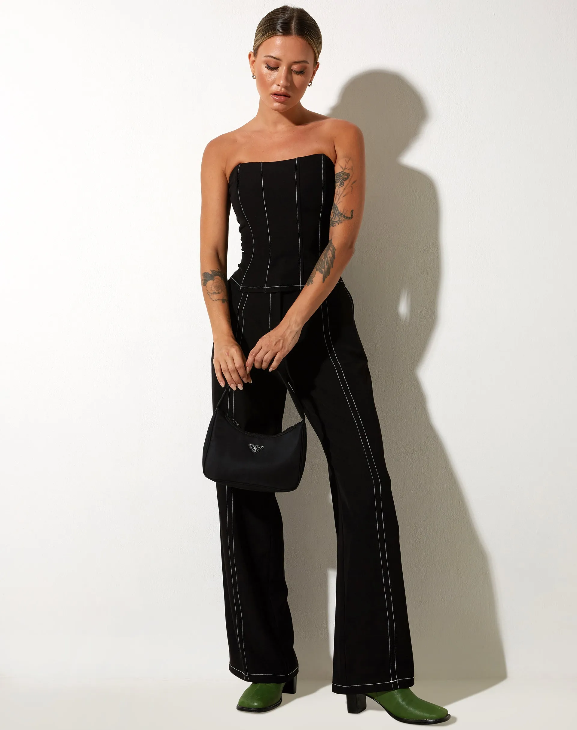 Kyana Corset Top in Black with White Stitch