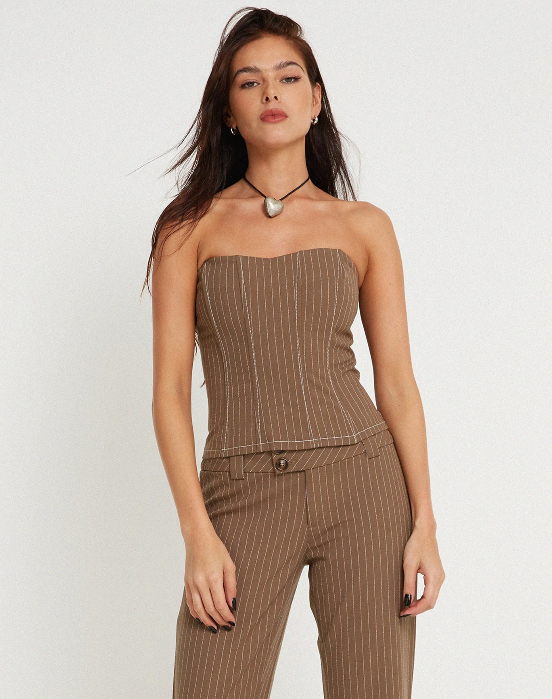Kyana Corset Top in Pinstripe Brown