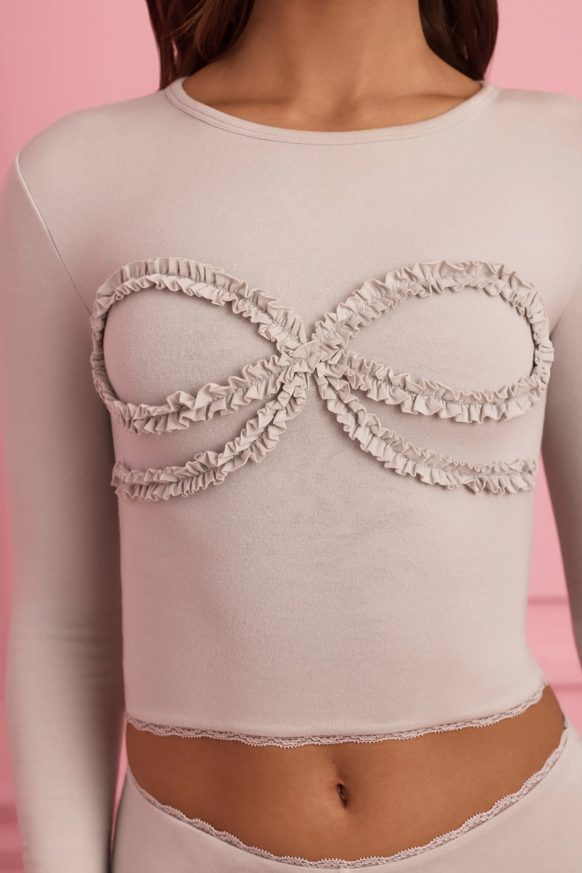 Lace-Trim Appliqué Pyjama Top in Cloud Grey