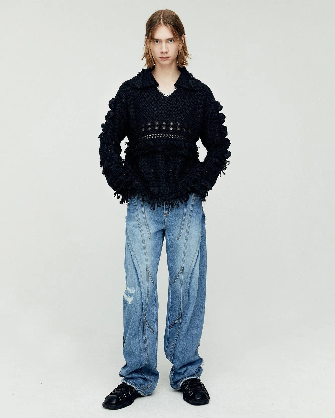 LOCHES FLOWER POLO SWEATER atb1207m(BLACK)