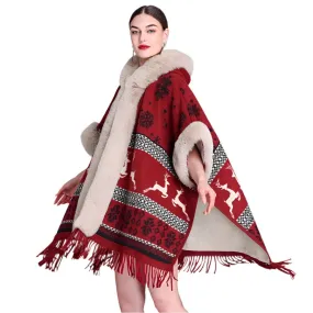 Luxury Women’s Faux Fur Wool Blend Cape Coat – Hooded Long Winter Cardigan Wrap