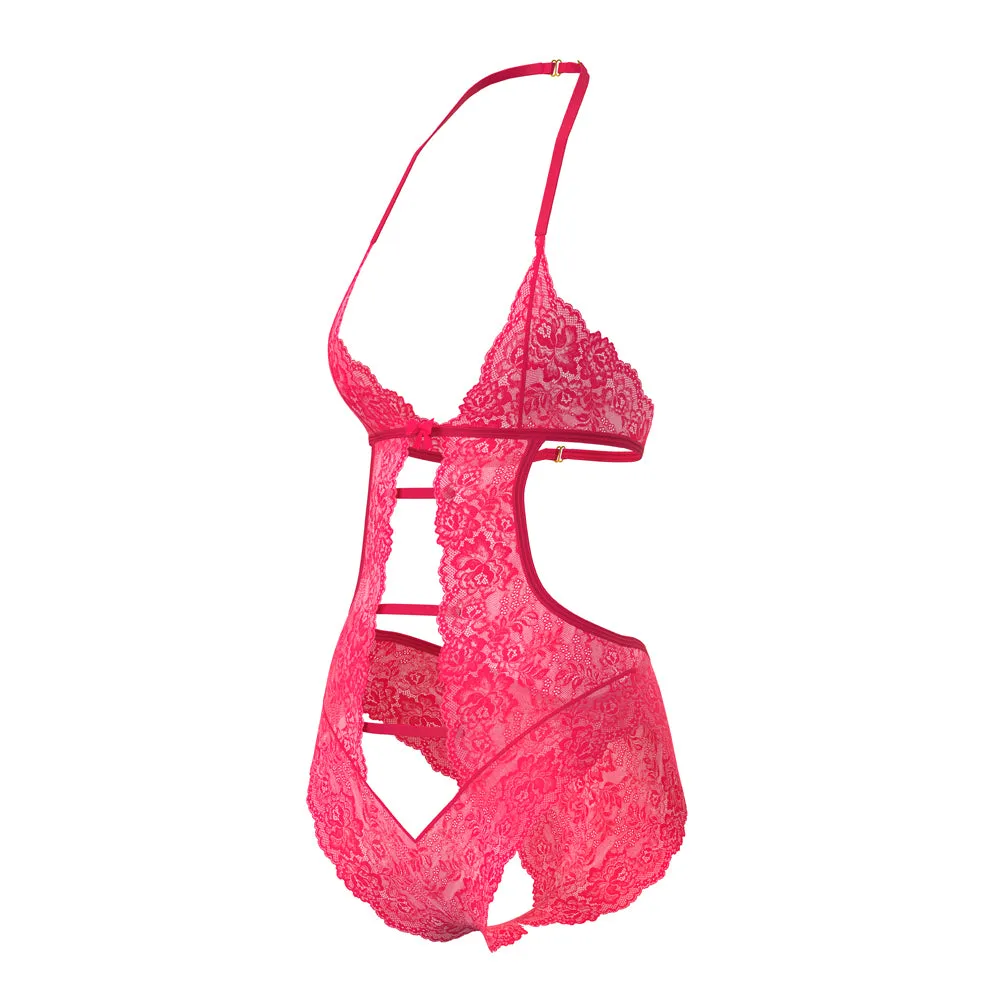 Magic Silk Get It Girl Halter Teddy with Snap Crotch Diva Pink Queen Size