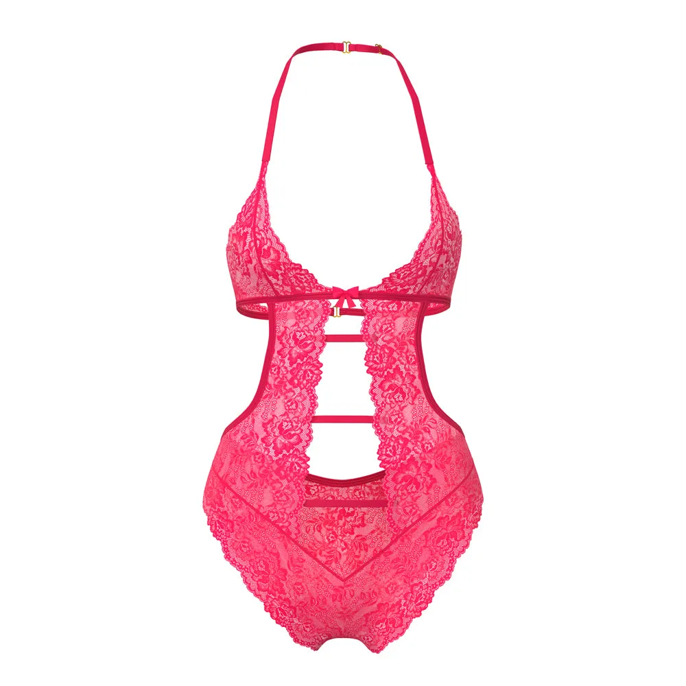 Magic Silk Get It Girl Halter Teddy with Snap Crotch Diva Pink Queen Size