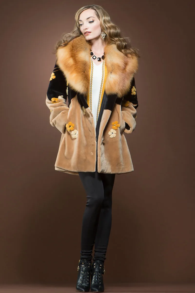 Meadow Onyx Sheared Beaver and Red Fox Mid-Length Fur Coat