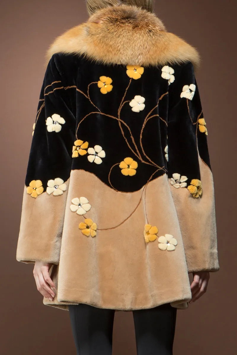 Meadow Onyx Sheared Beaver and Red Fox Mid-Length Fur Coat
