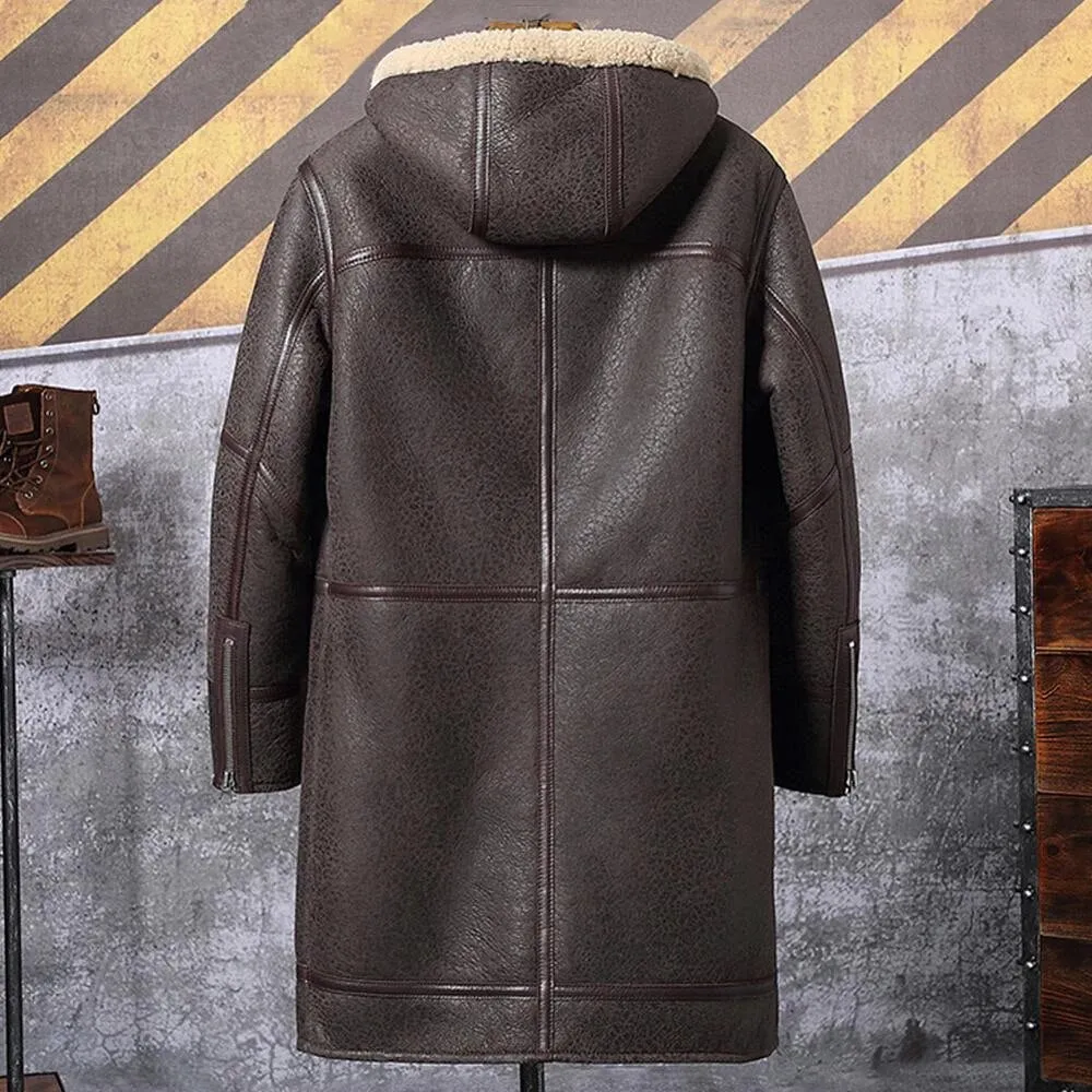 Mens B3 Shearling Hooded Sheepskin Long Fur Coat  and jacket
