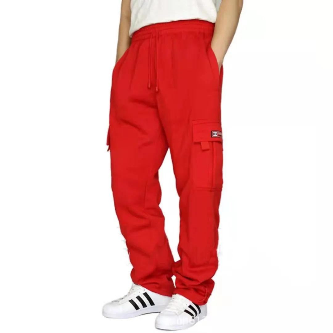New Style Sports Casual Trousers Plush Binding Feet Multi Pocket Lanyard Men's Loose Overalls Pants