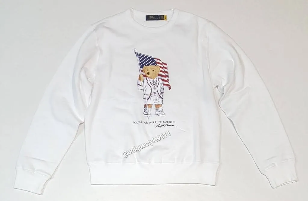 Nwt Polo Ralph Lauren Women's White American Flag Teddy Bear Sweatshirt
