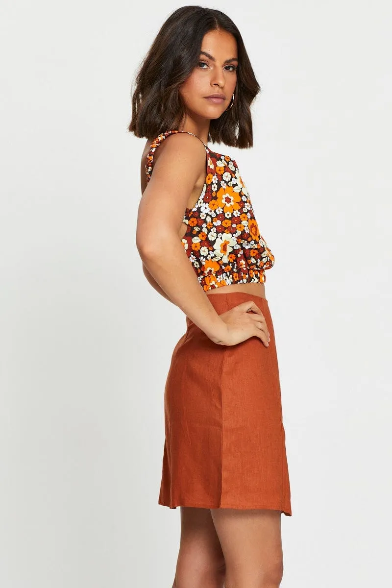 Orange Pure Linen Front Slit Mini Skirt