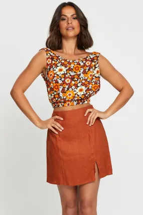 Orange Pure Linen Front Slit Mini Skirt