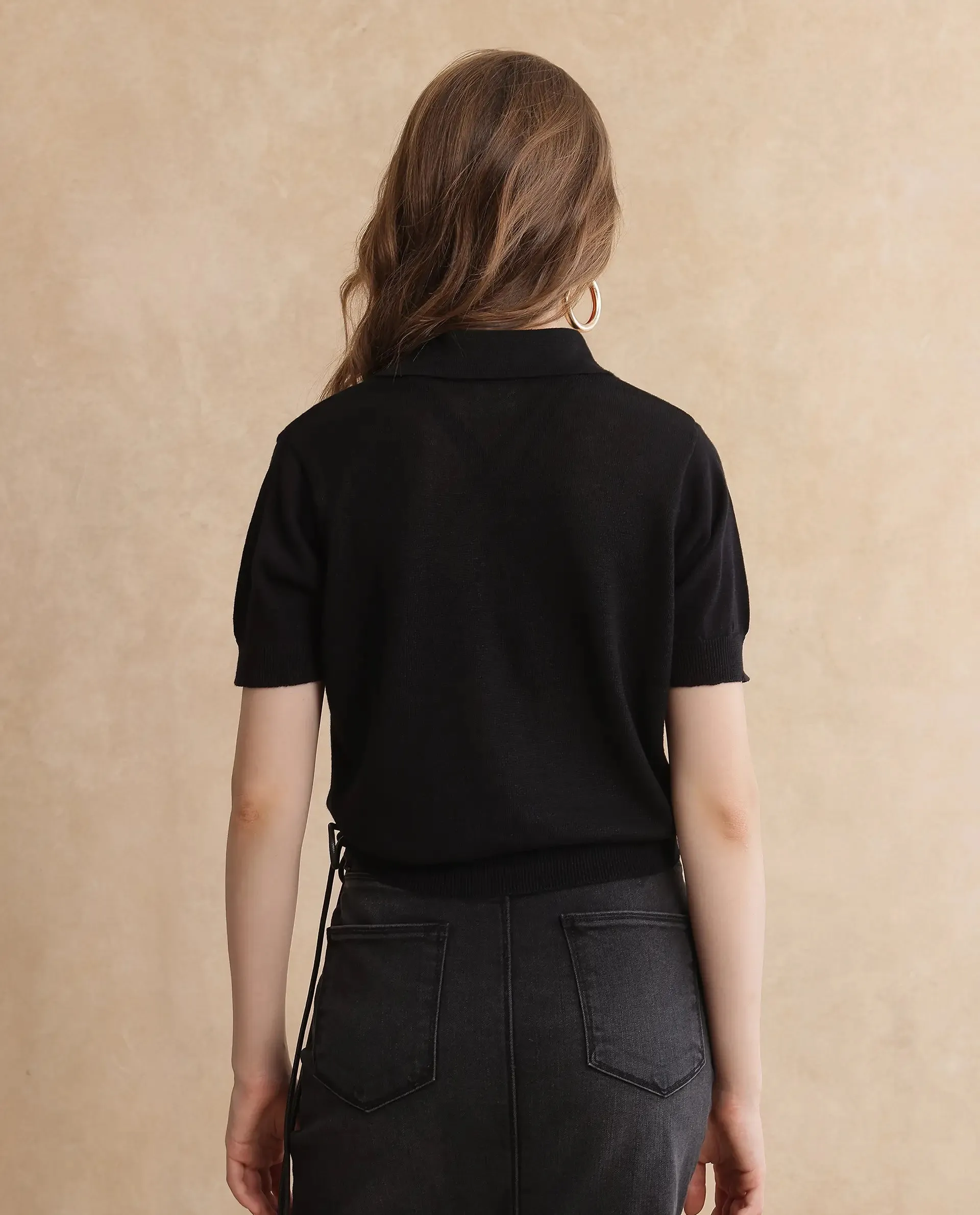 Rareism Women Basel Black Cotton Linen Fabric Short Sleeve Polo Collar Plain Polo