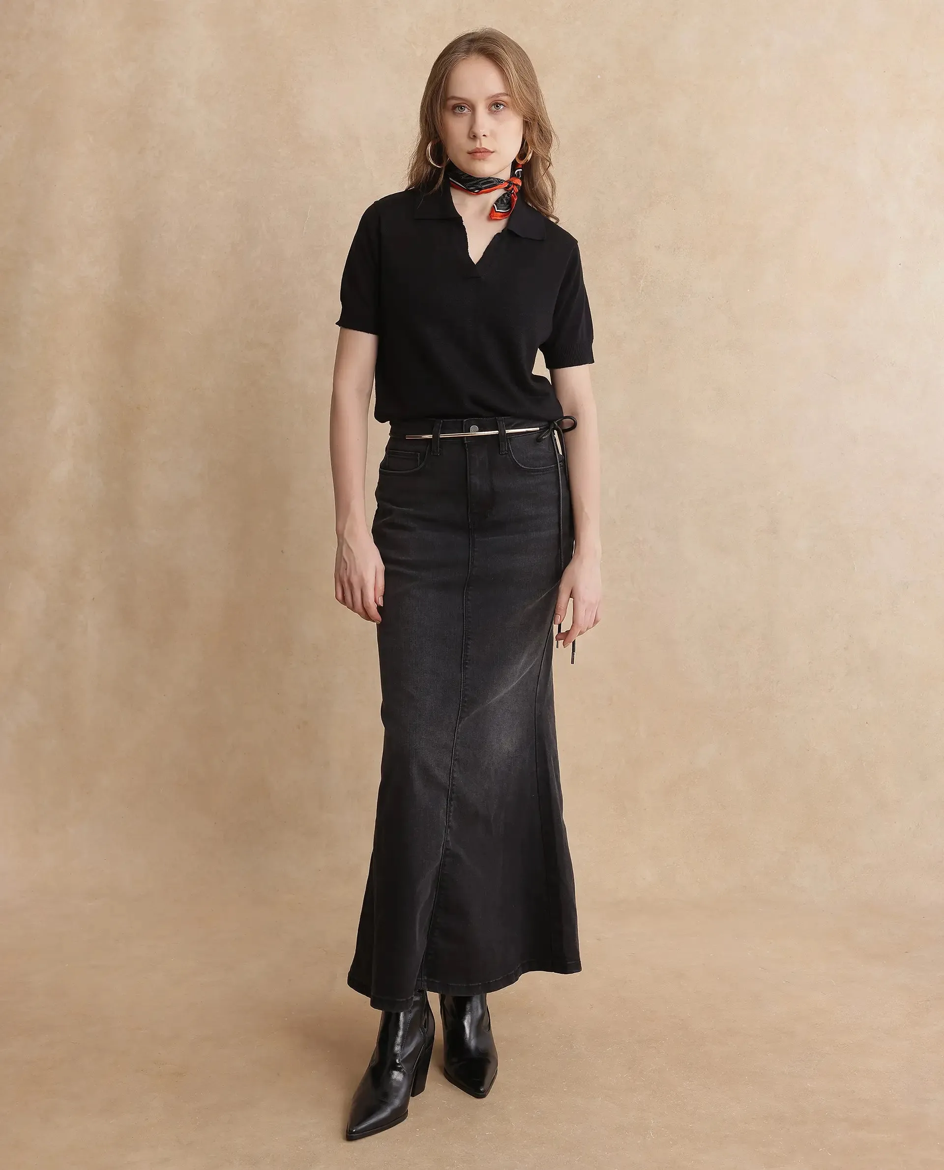 Rareism Women Basel Black Cotton Linen Fabric Short Sleeve Polo Collar Plain Polo