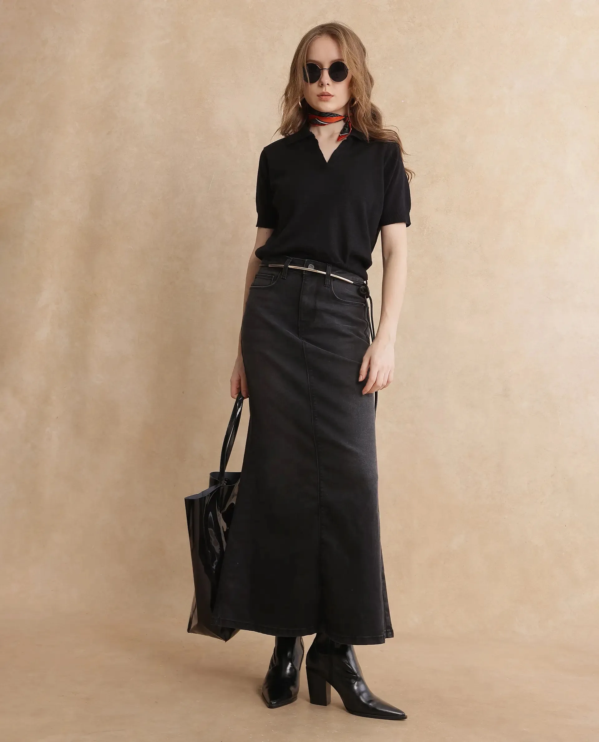 Rareism Women Basel Black Cotton Linen Fabric Short Sleeve Polo Collar Plain Polo