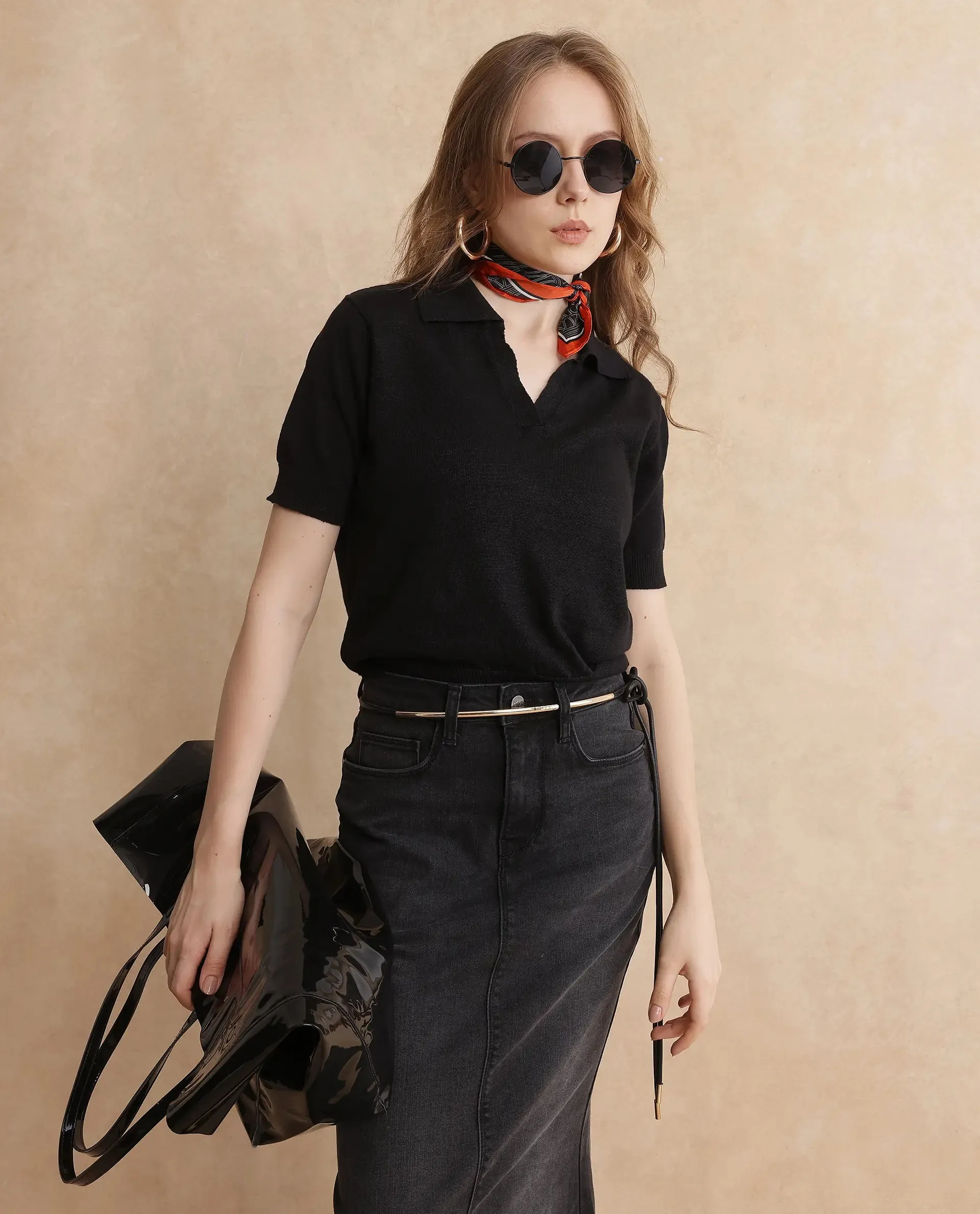 Rareism Women Basel Black Cotton Linen Fabric Short Sleeve Polo Collar Plain Polo