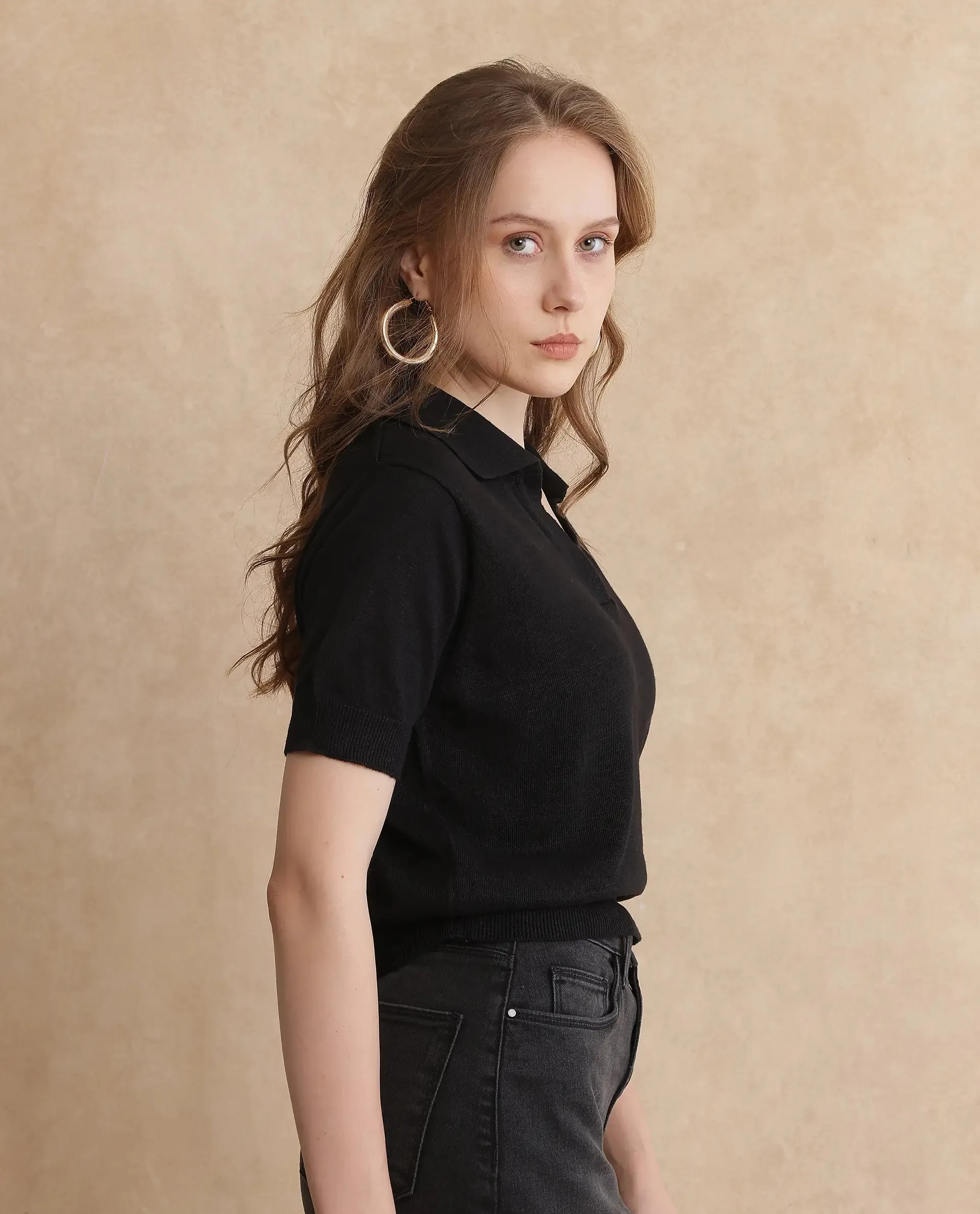 Rareism Women Basel Black Cotton Linen Fabric Short Sleeve Polo Collar Plain Polo