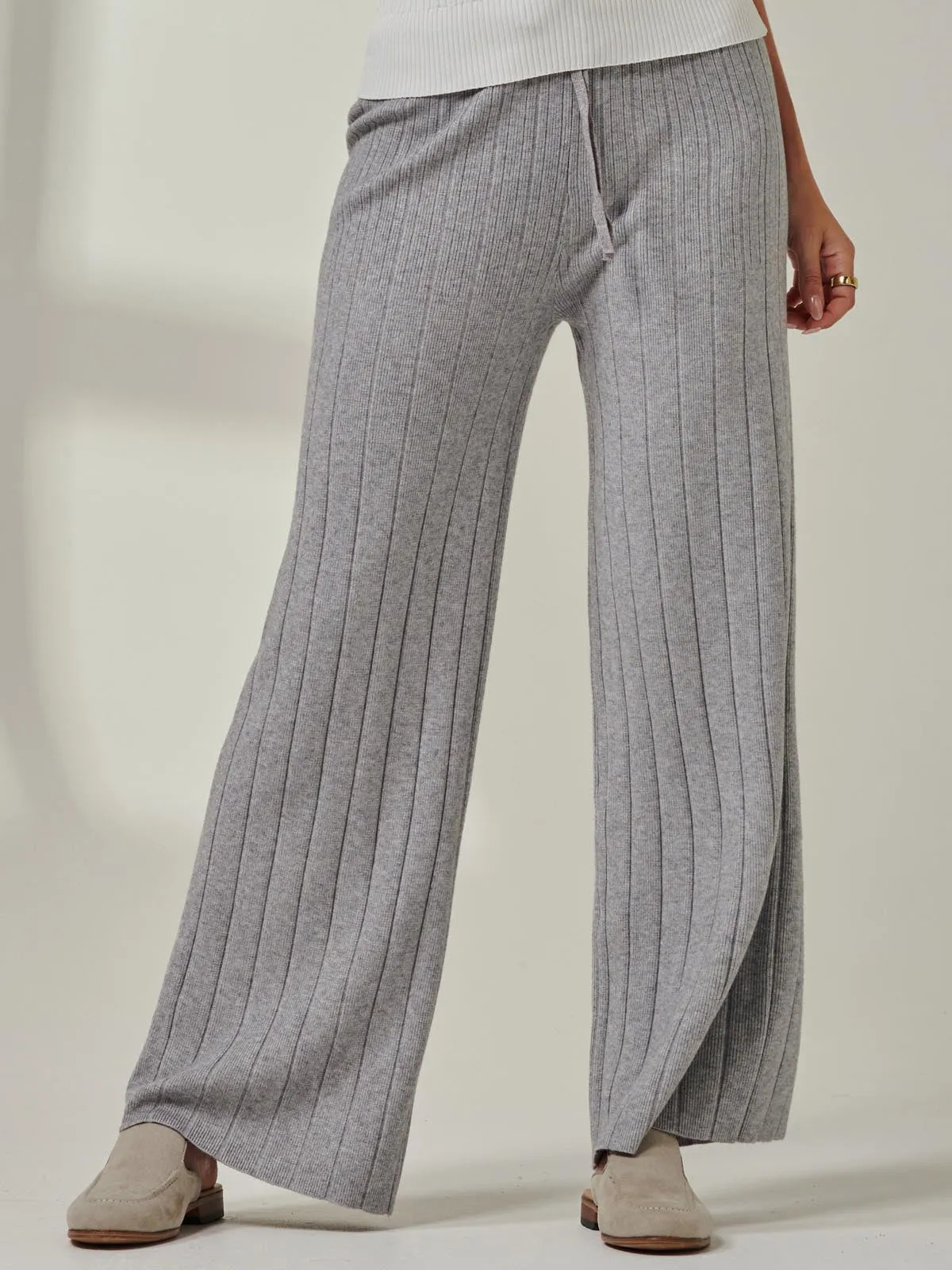 Ribbed Knit Wide Leg Trousers, Dove Heather
