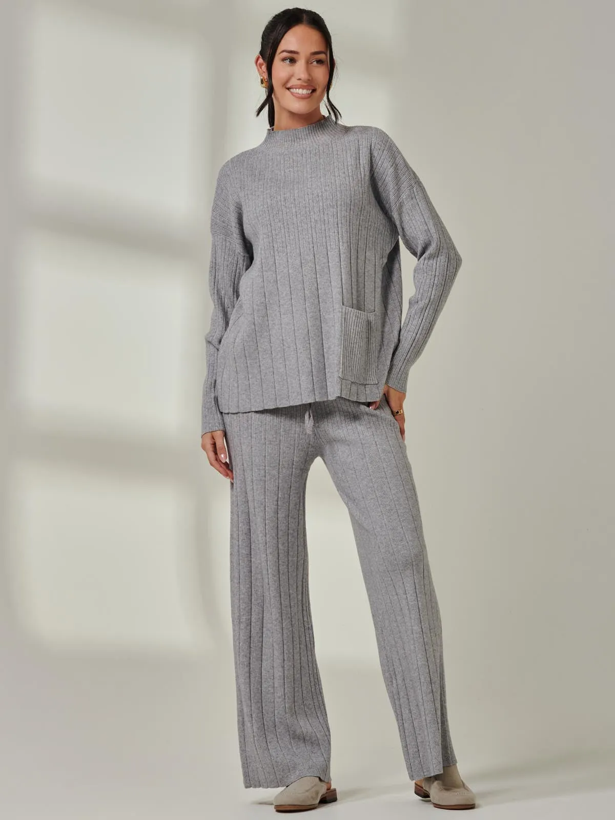 Ribbed Knit Wide Leg Trousers, Dove Heather