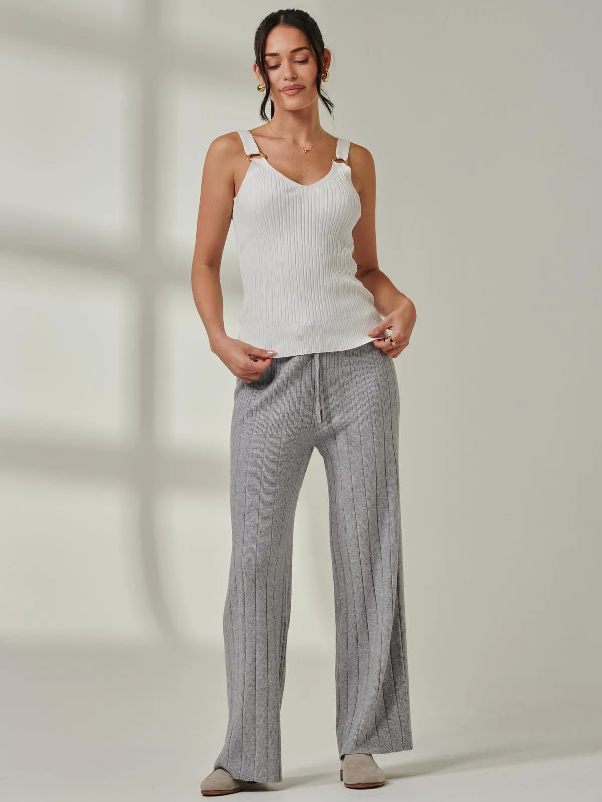 Ribbed Knit Wide Leg Trousers, Dove Heather