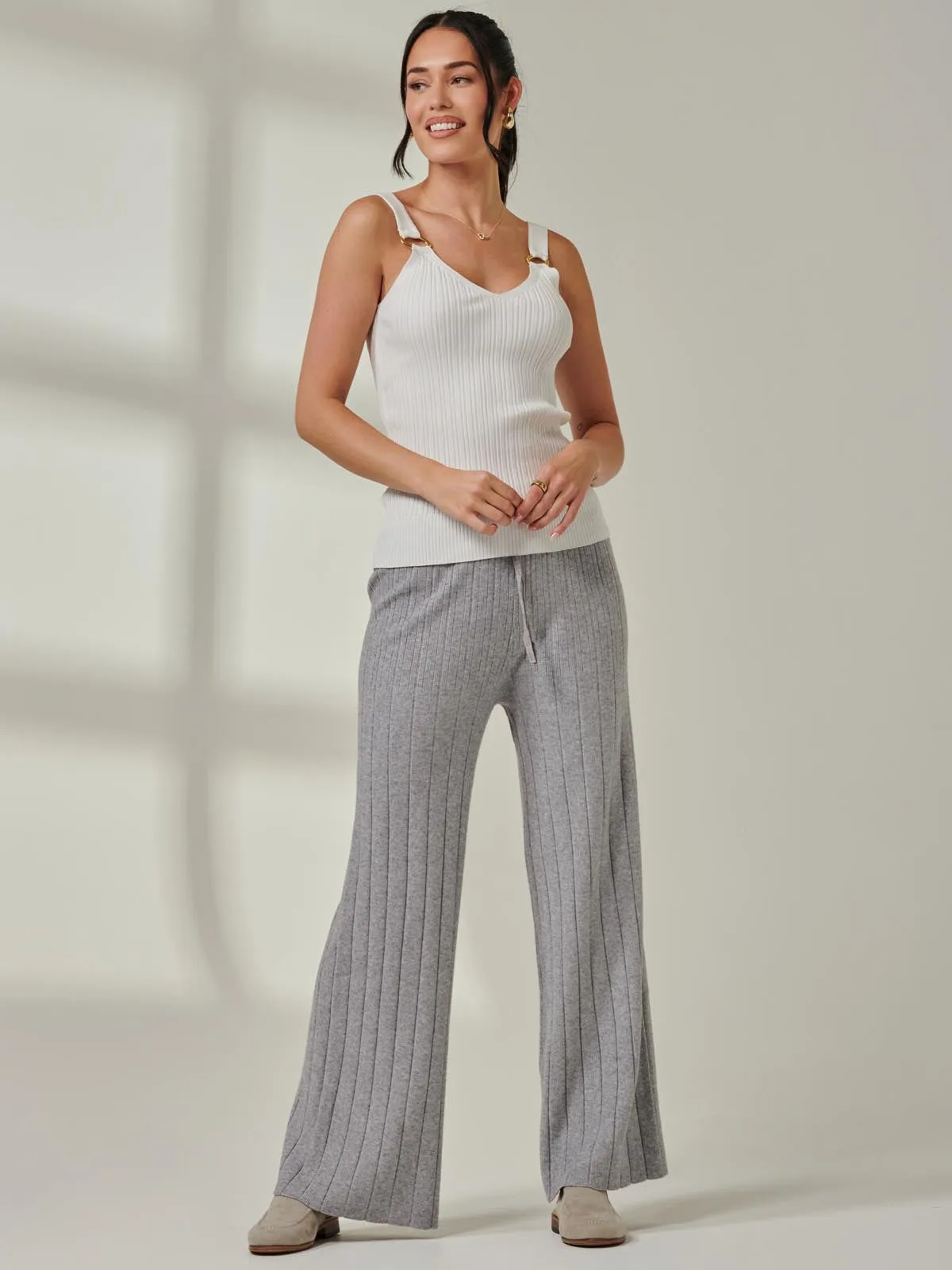 Ribbed Knit Wide Leg Trousers, Dove Heather