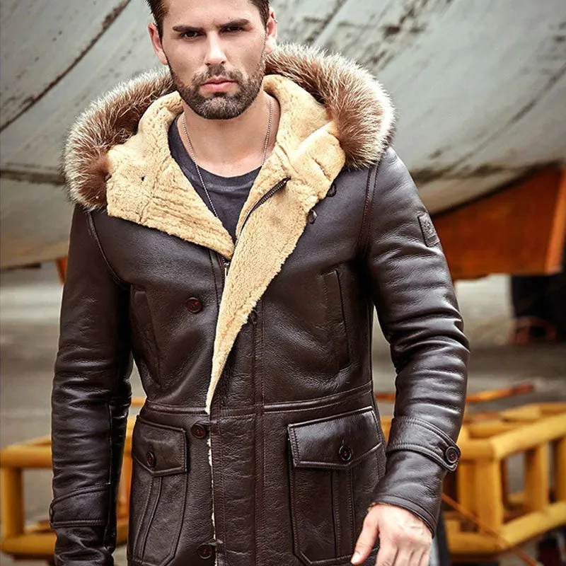 Shearling Coat Brown for Mens New Winter Fur Collar Leather Jacket 2022