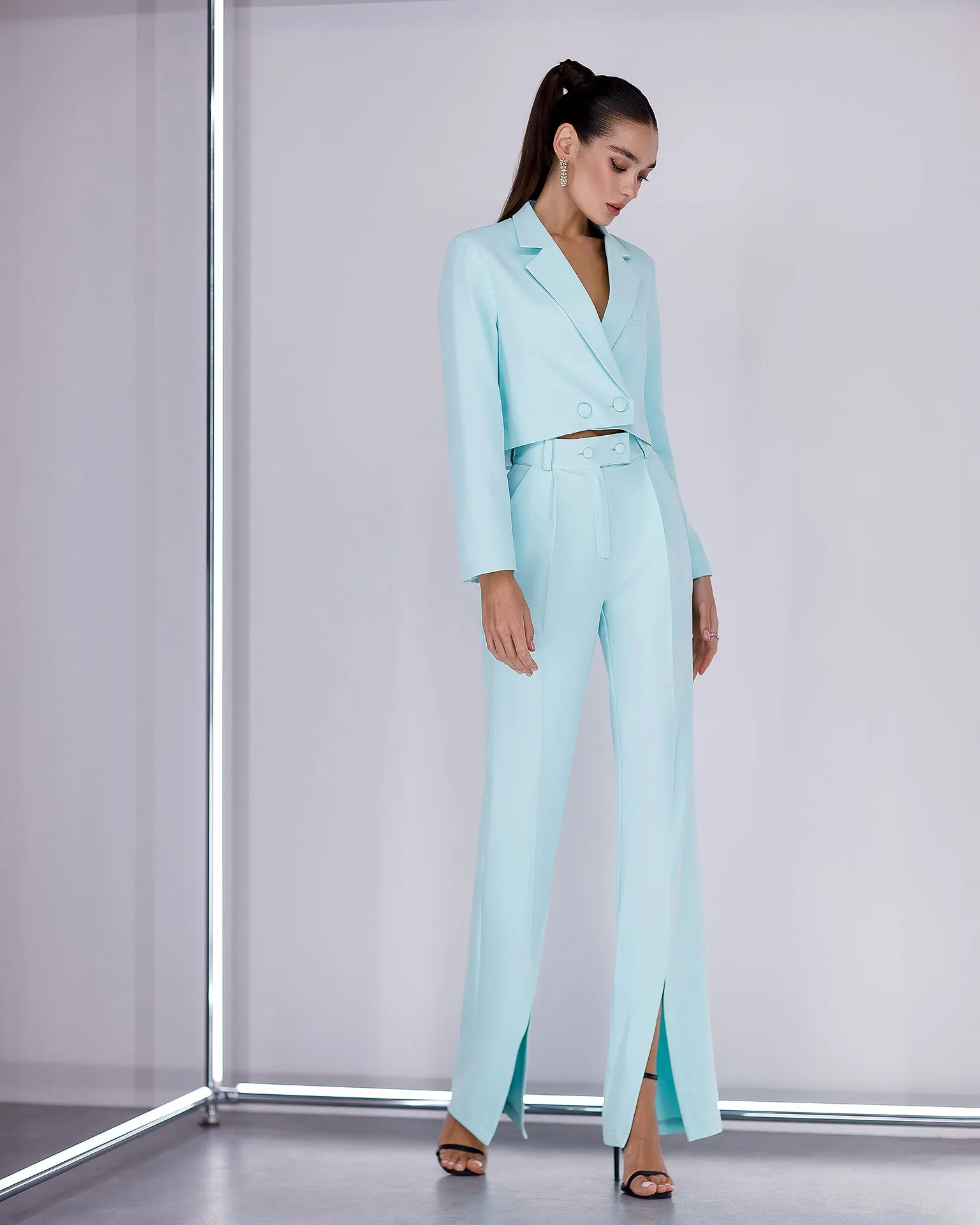 Tiffany-Blue Crop Jacket Suit 2-Piece