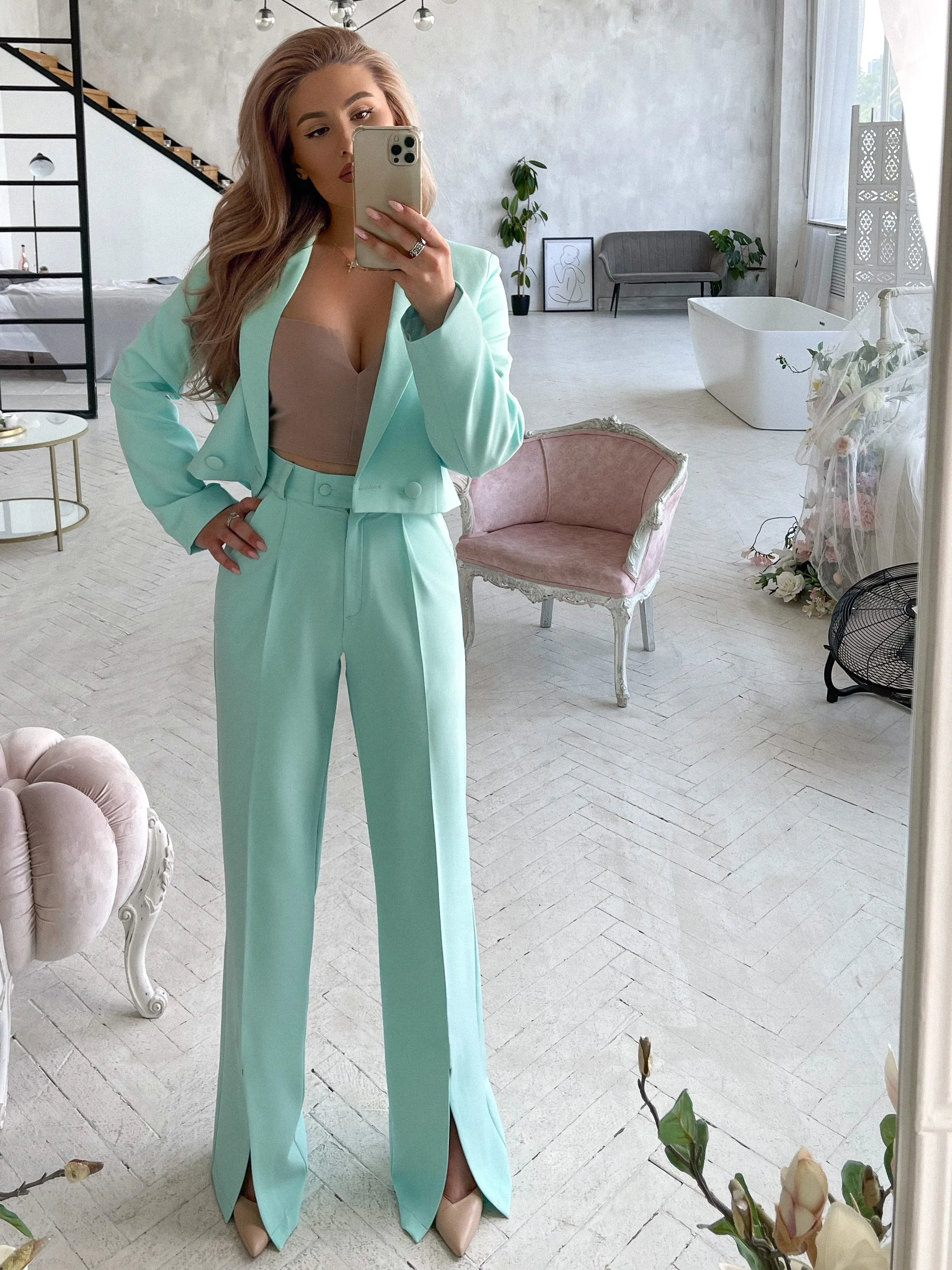 Tiffany-Blue Crop Jacket Suit 2-Piece