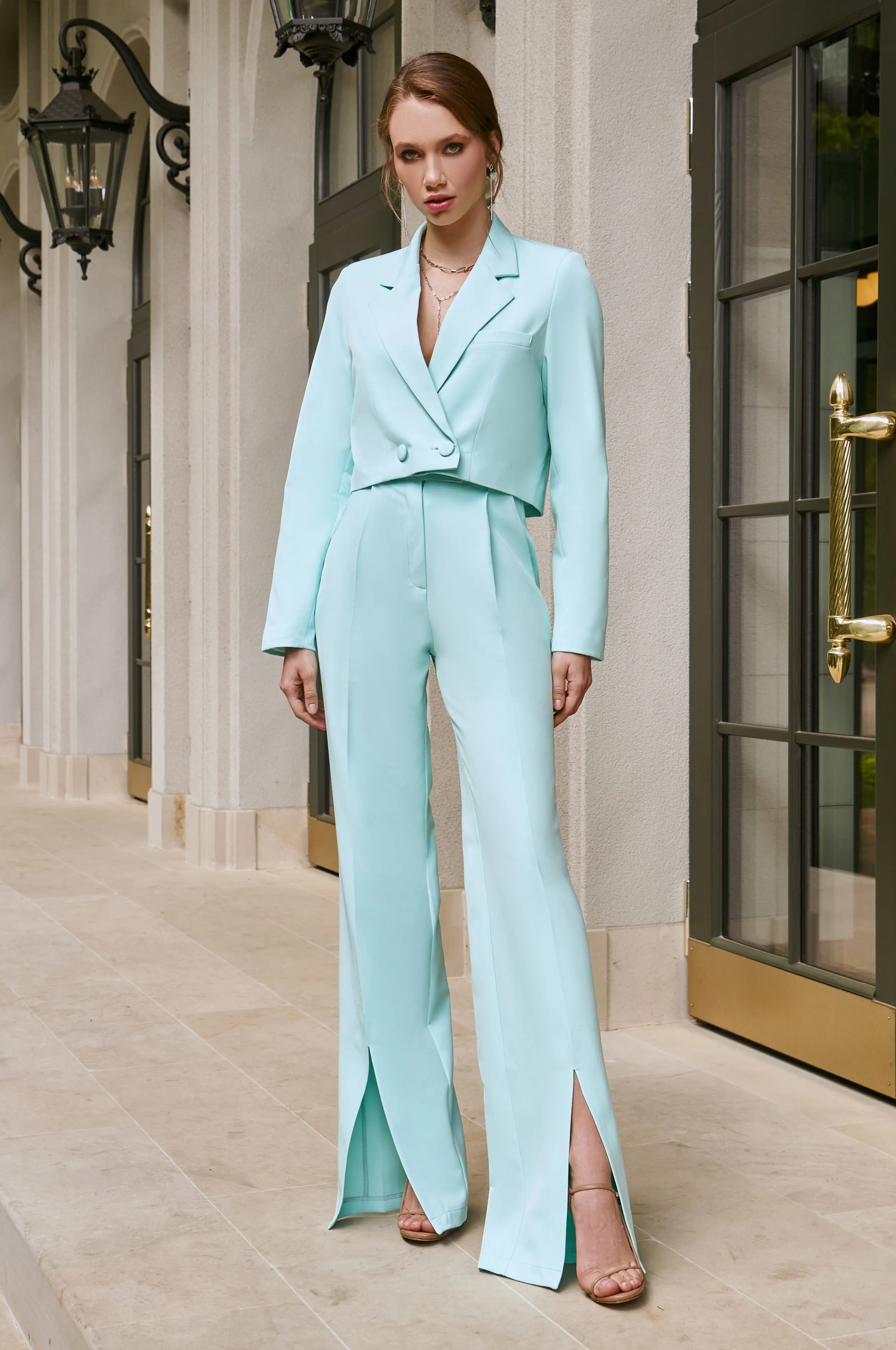 Tiffany-Blue Crop Jacket Suit 2-Piece