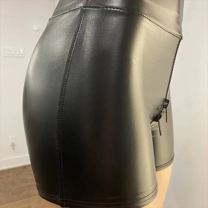 Uniwim Faux PU Leather Biker Shorts Women High Waist Sexy Exotic Crotch Zipper Ladies Bodycon Hot Pants Clubwear Summer New Custom