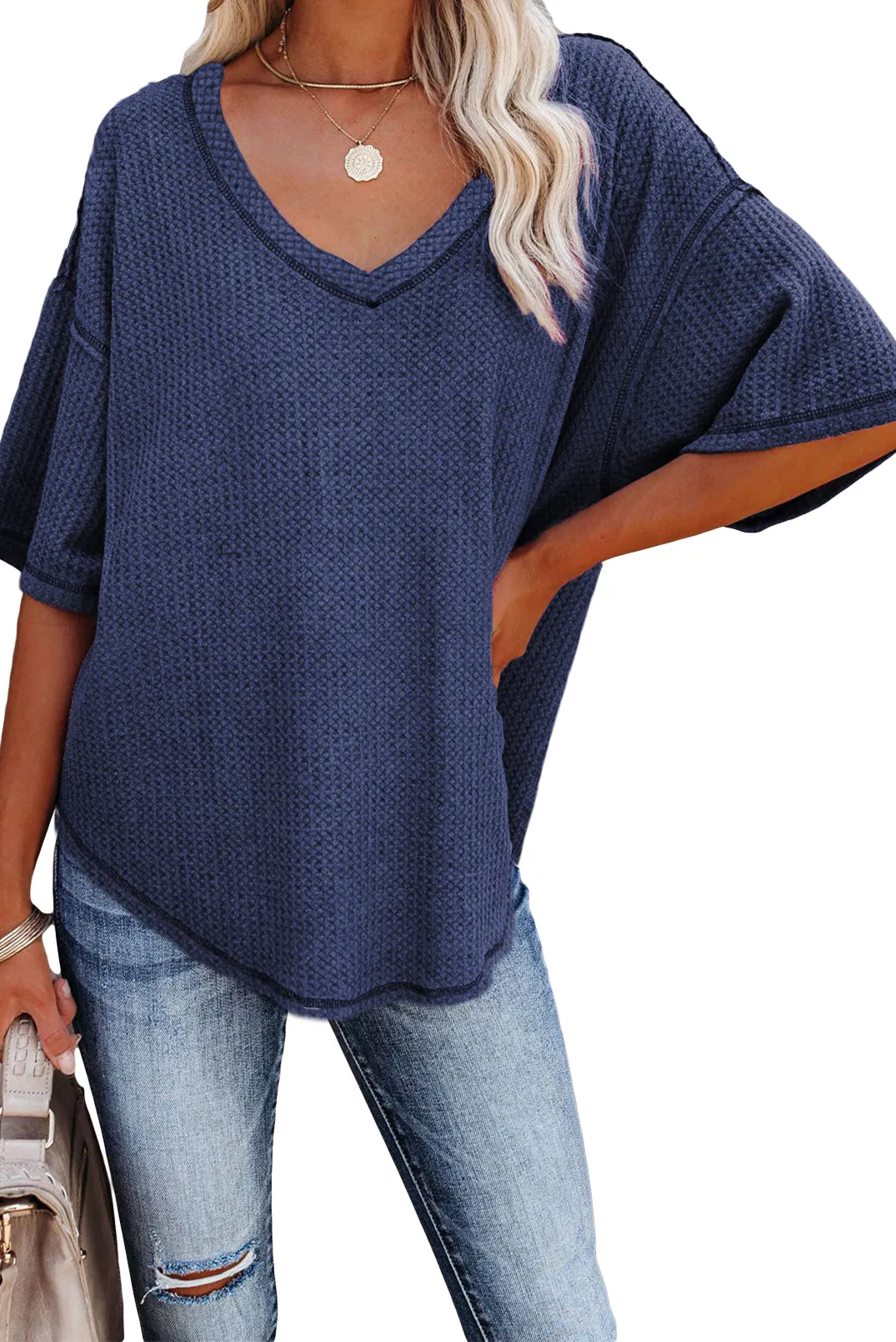 V Neck Short Sleeve Knit Tee