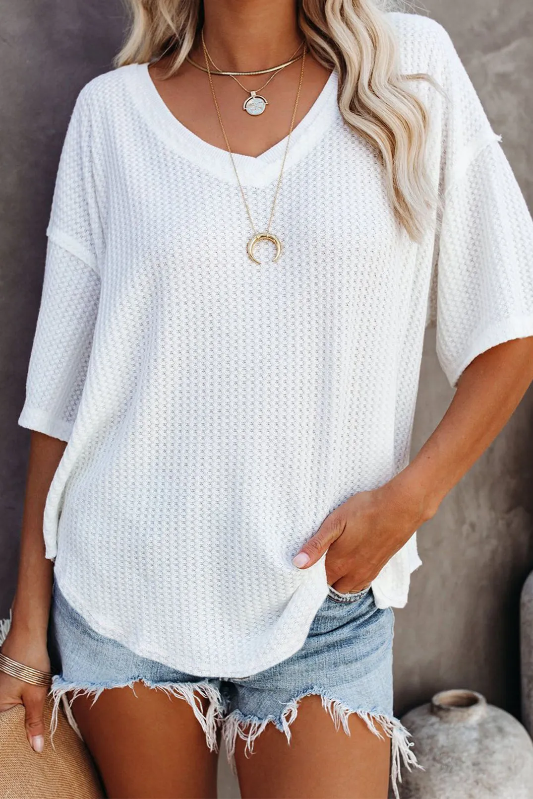 V Neck Short Sleeve Knit Tee