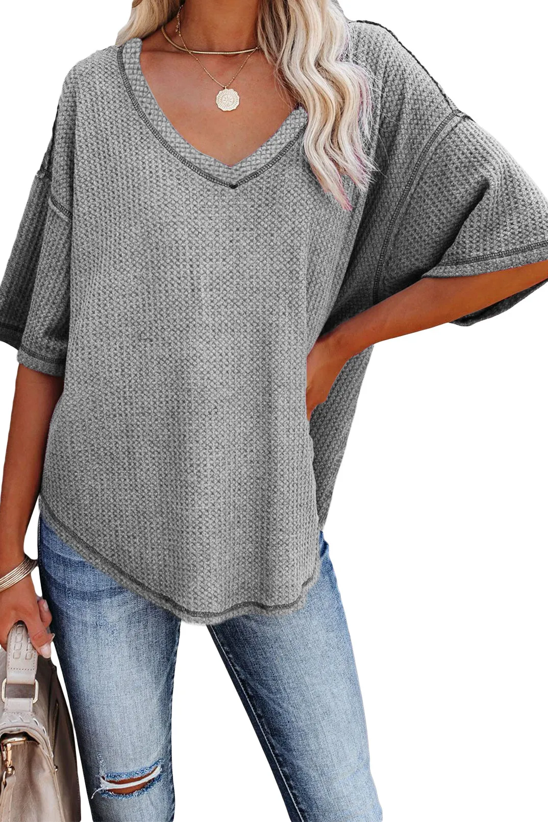 V Neck Short Sleeve Knit Tee