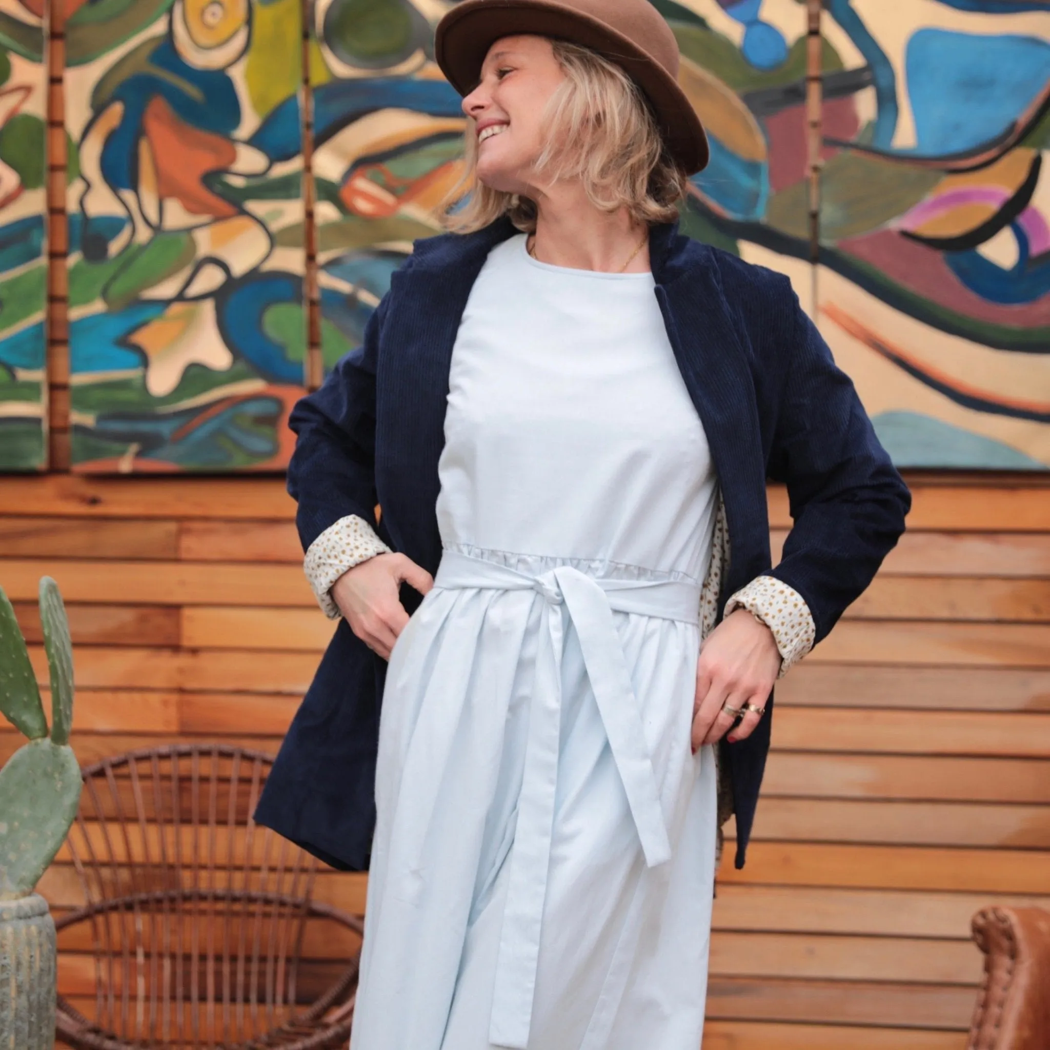 Veste Simone velours bleu doublure camel