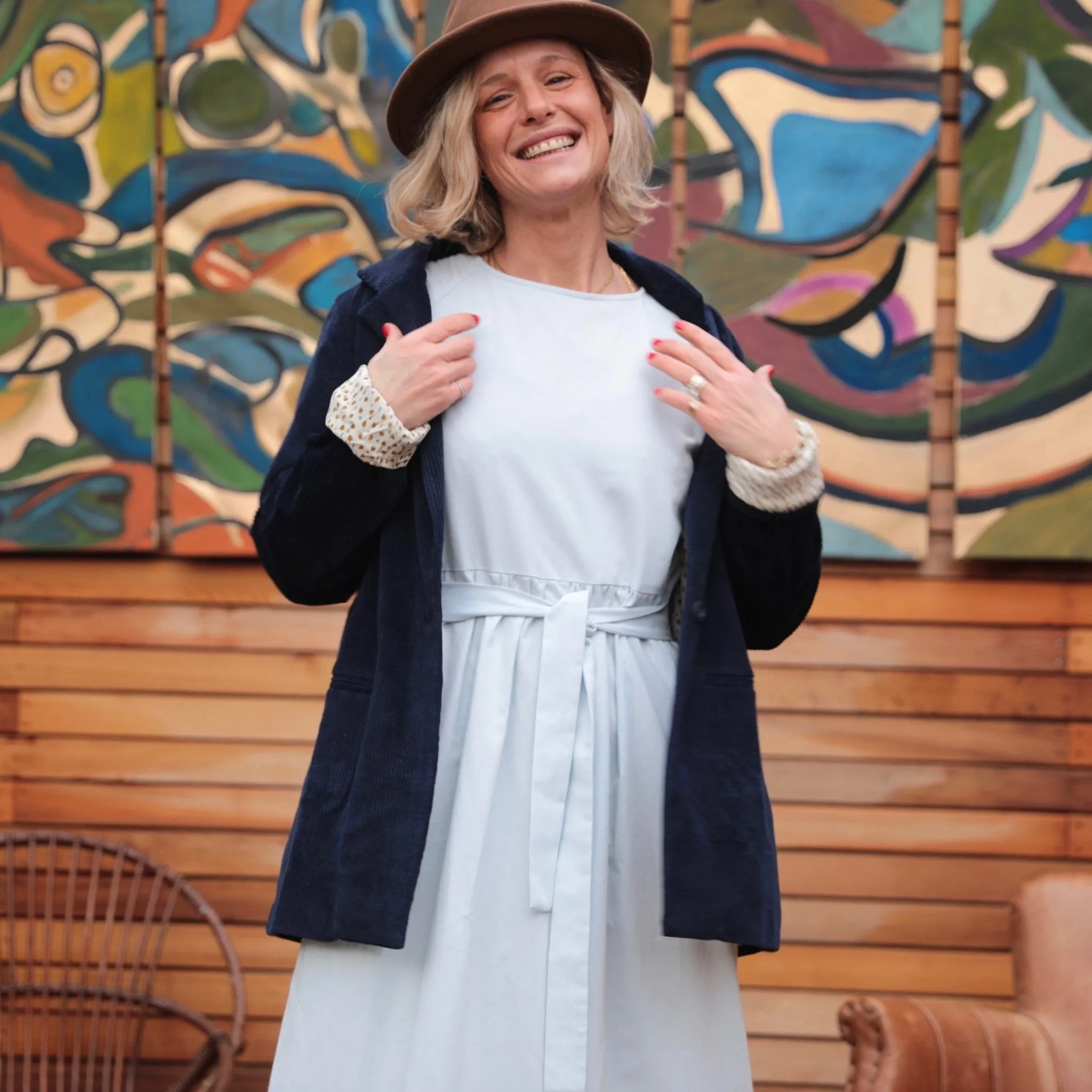 Veste Simone velours bleu doublure camel