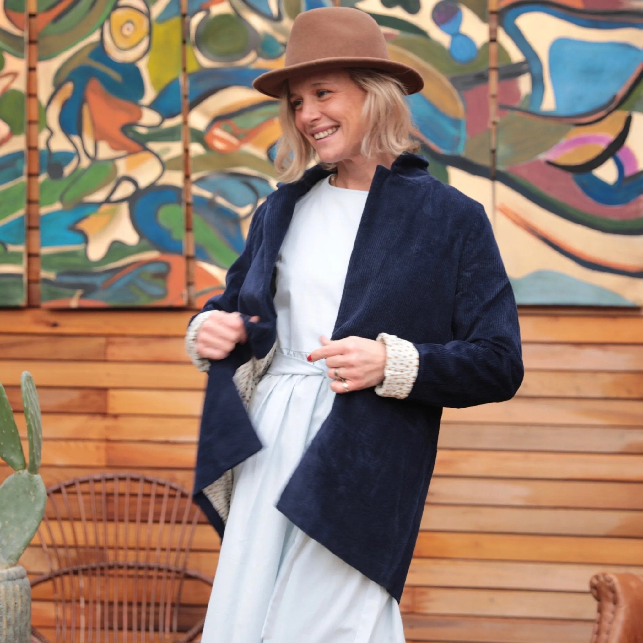 Veste Simone velours bleu doublure camel