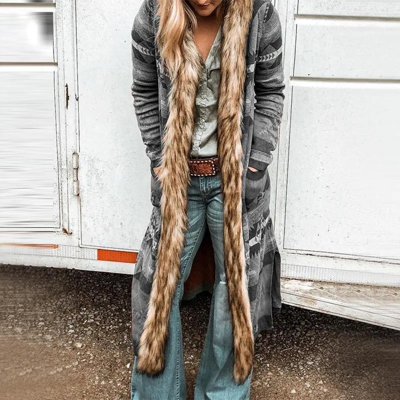 Women fur collar flower printed winter long coat
