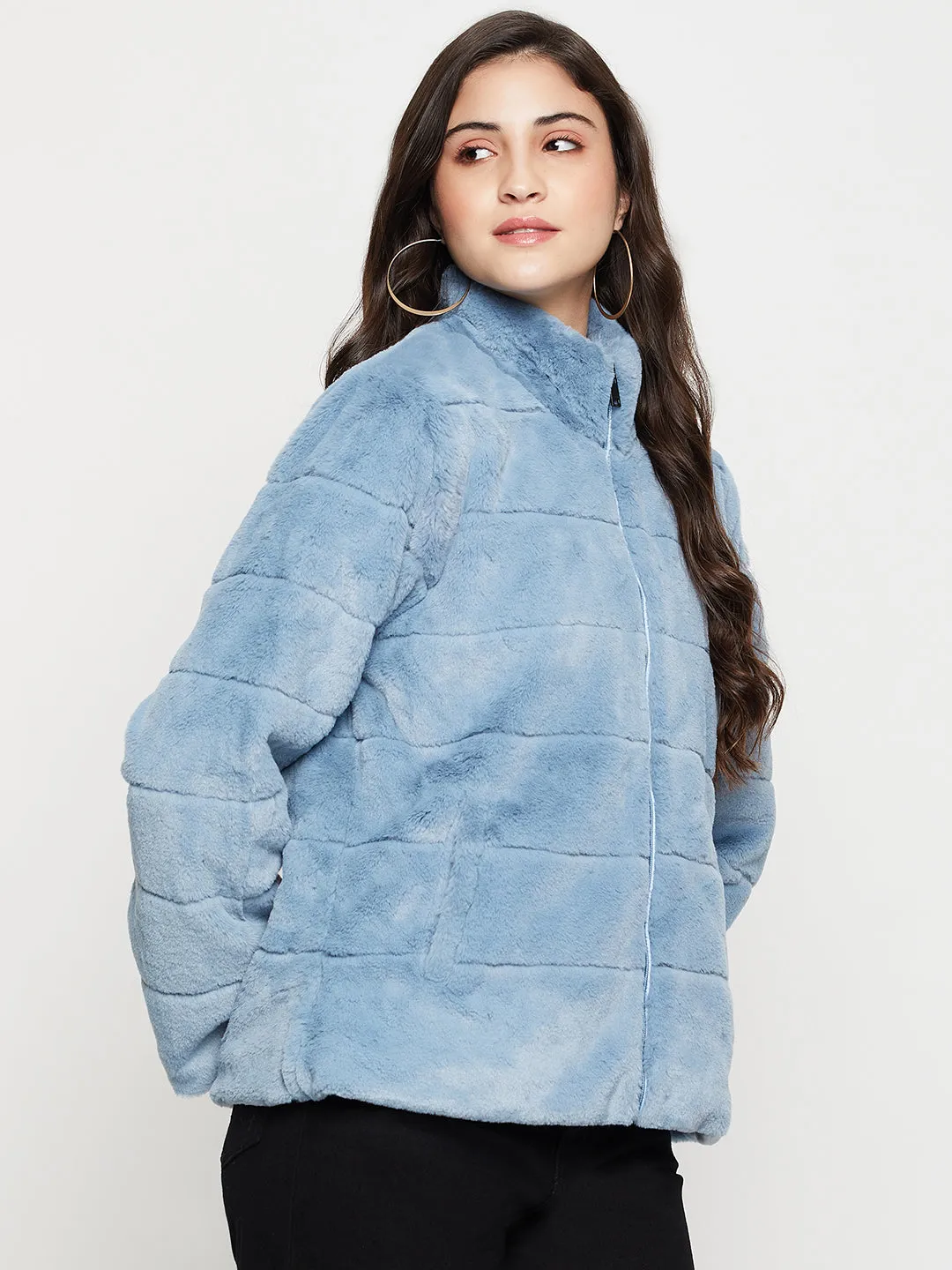 Women's Casual  Blue Soft Faux Fur  Jacket