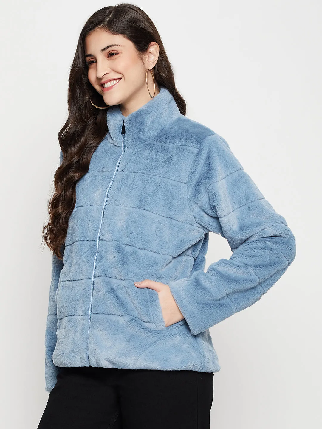 Women's Casual  Blue Soft Faux Fur  Jacket