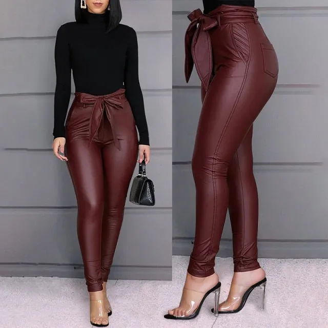 Yeknu Spring Women Pu Leather Pants Black Sexy Stretch Bodycon Trousers High Waist Long Casual Pencil S-3XL Winter