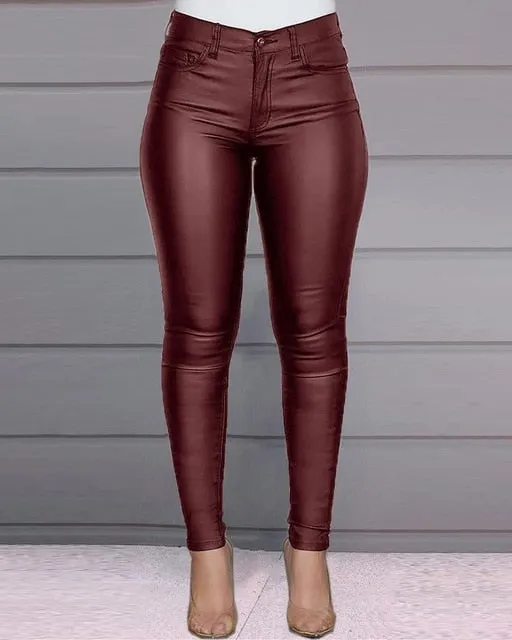 Yeknu Spring Women Pu Leather Pants Black Sexy Stretch Bodycon Trousers High Waist Long Casual Pencil S-3XL Winter