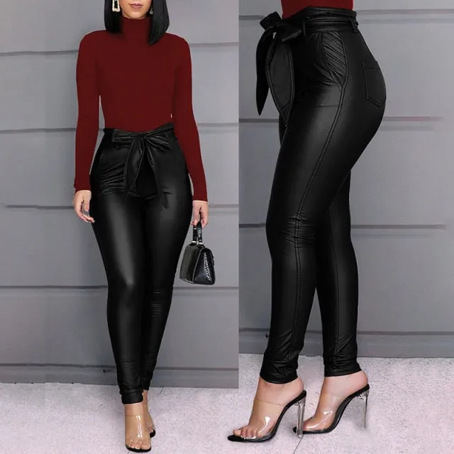 Yeknu Spring Women Pu Leather Pants Black Sexy Stretch Bodycon Trousers High Waist Long Casual Pencil S-3XL Winter