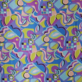 Yellow Blue and Lilac Modern Artsy Printed Silk Charmeuse Fabric