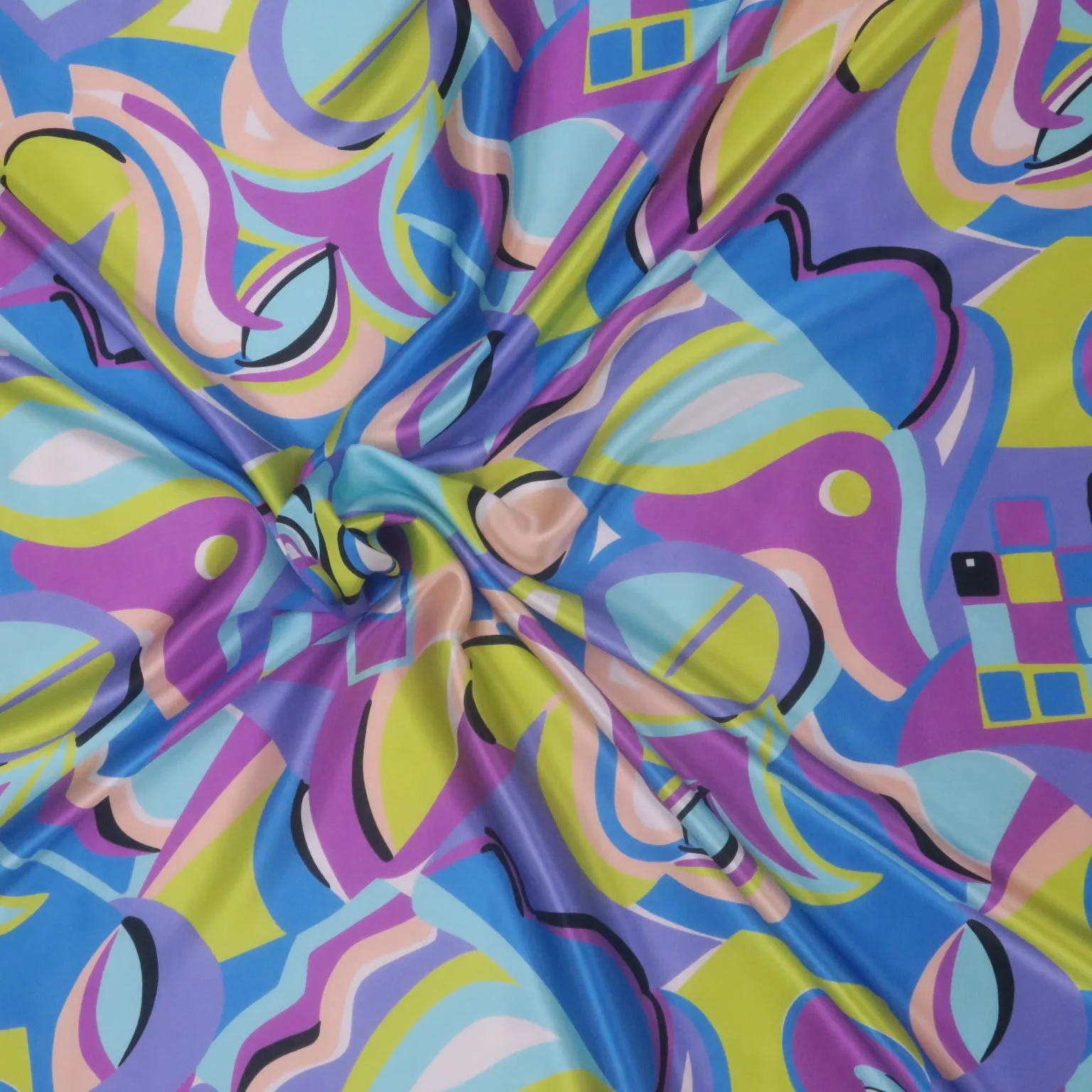 Yellow Blue and Lilac Modern Artsy Printed Silk Charmeuse Fabric