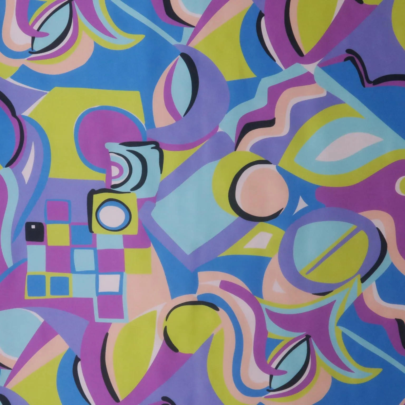 Yellow Blue and Lilac Modern Artsy Printed Silk Charmeuse Fabric